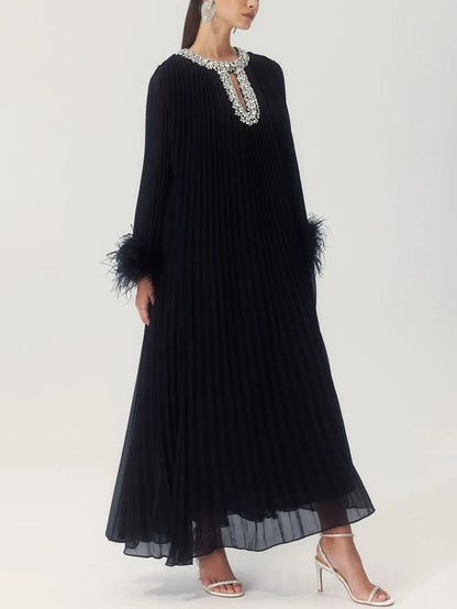 Feathered Cuff Embellished Pleated Gown