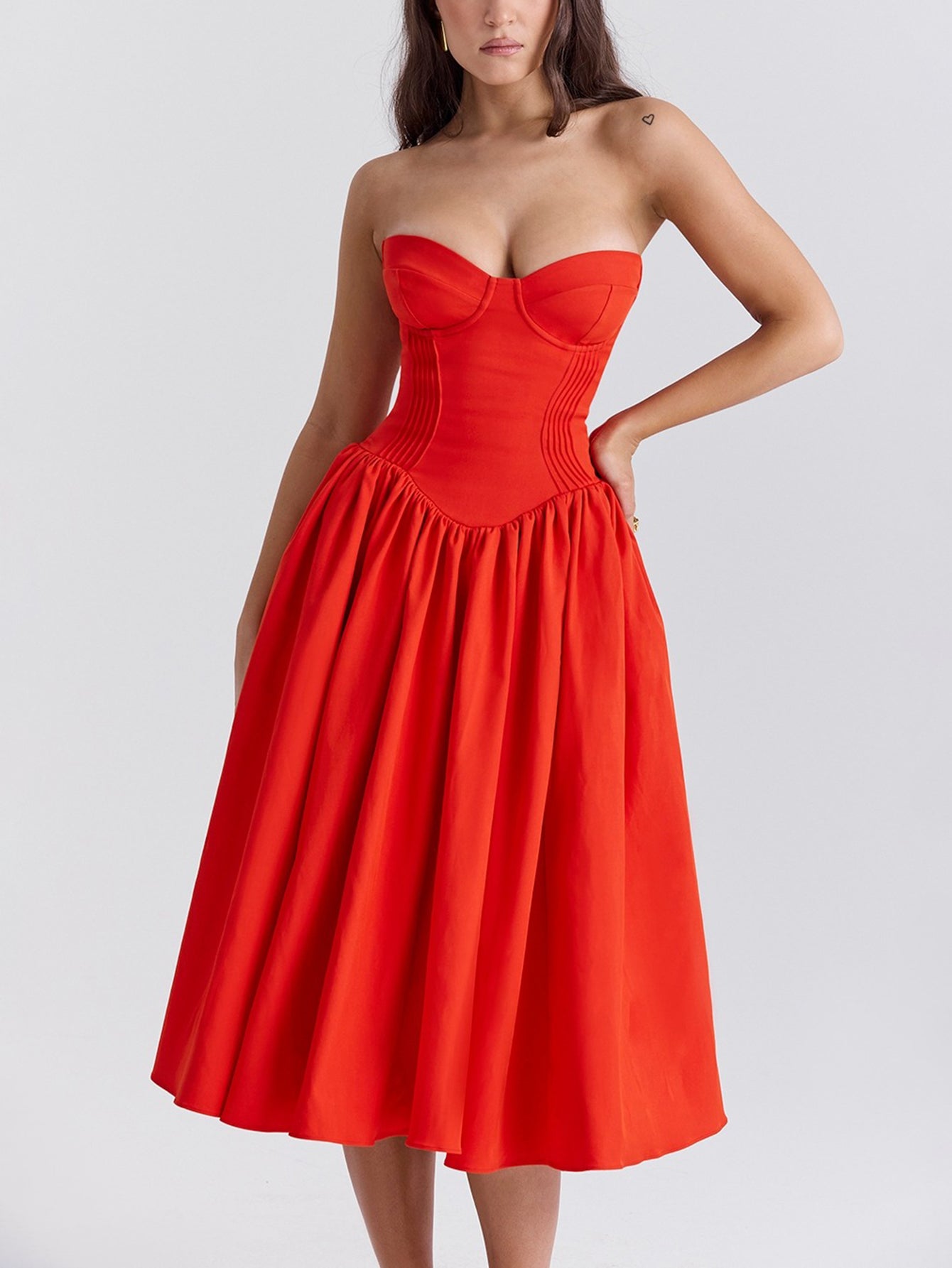 Strapless Pleated Flare Midi Dress