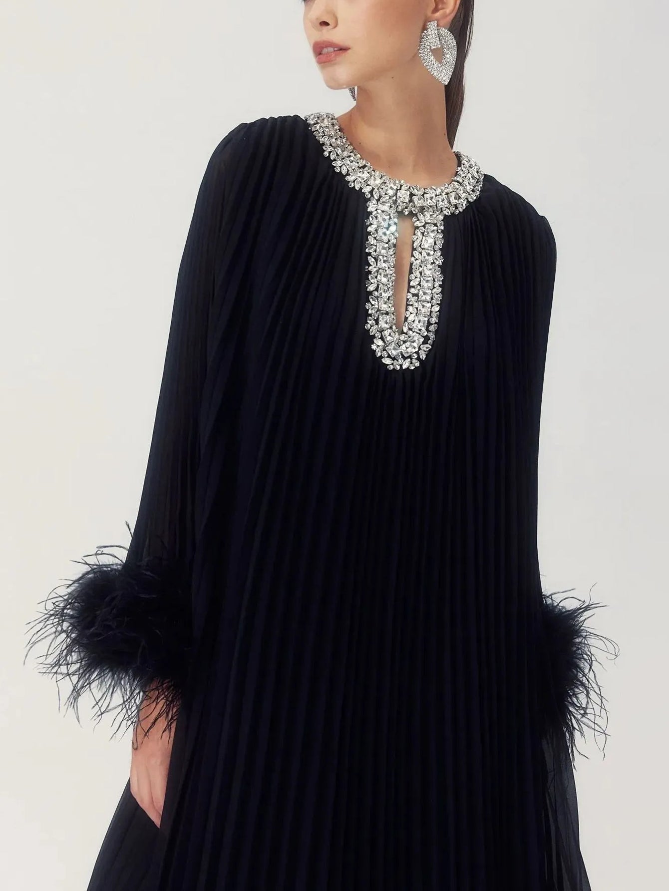 Feathered Cuff Embellished Pleated Gown