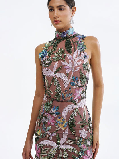 Floral Sequin Embroidered Mini Dress