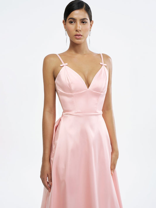 Elegant Satin Dress with Bow Straps