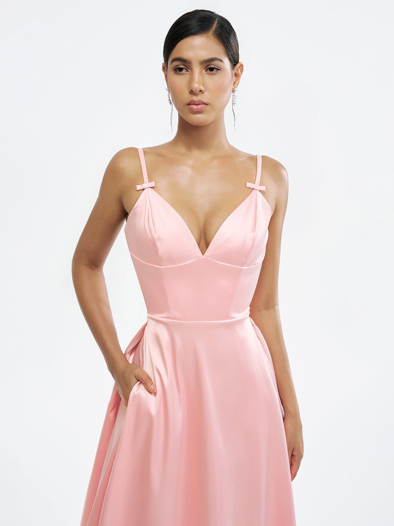 Elegant Satin Dress with Bow Straps