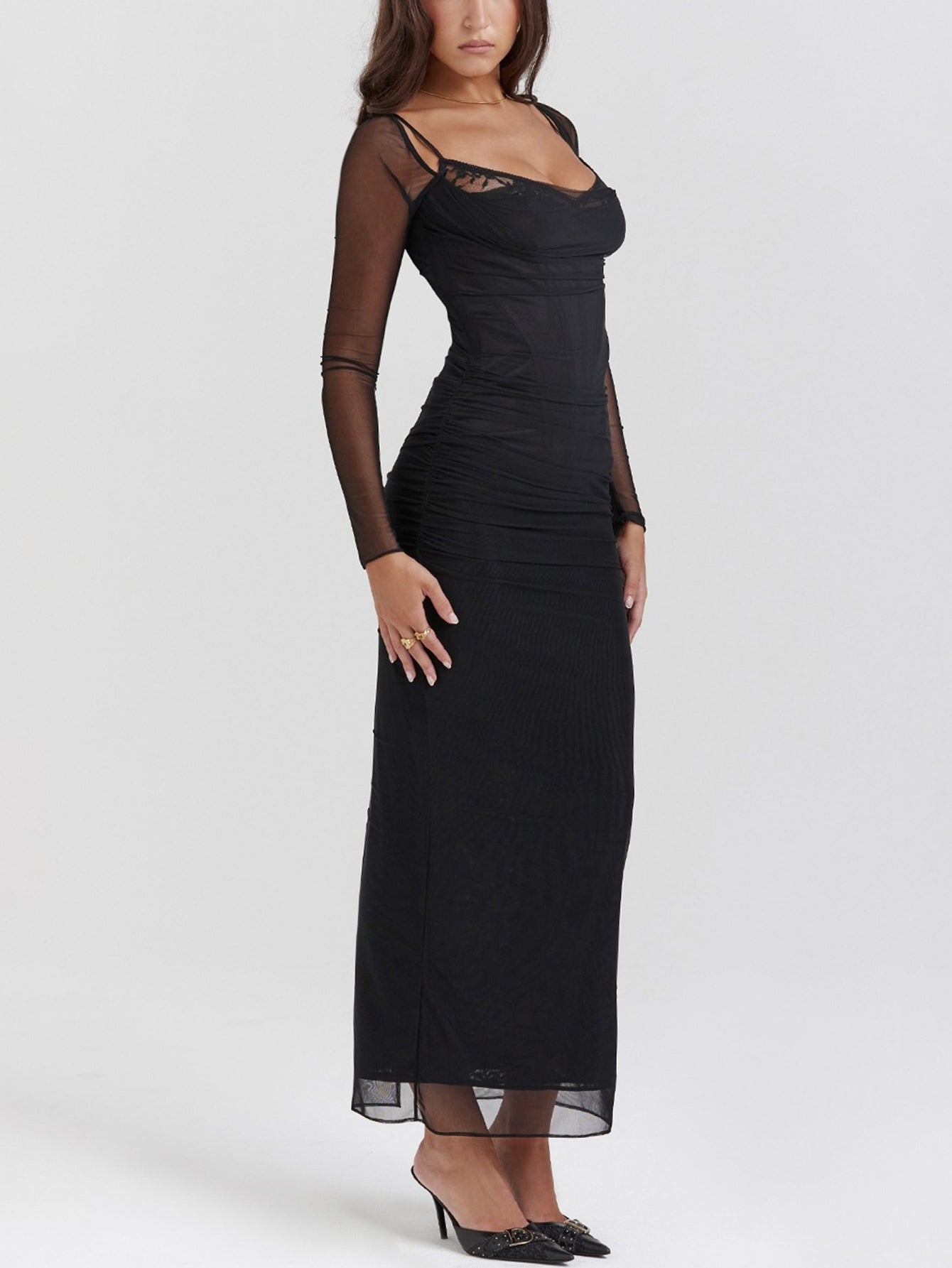 Elegant Sheer Corset Long Sleeve Maxi Dress