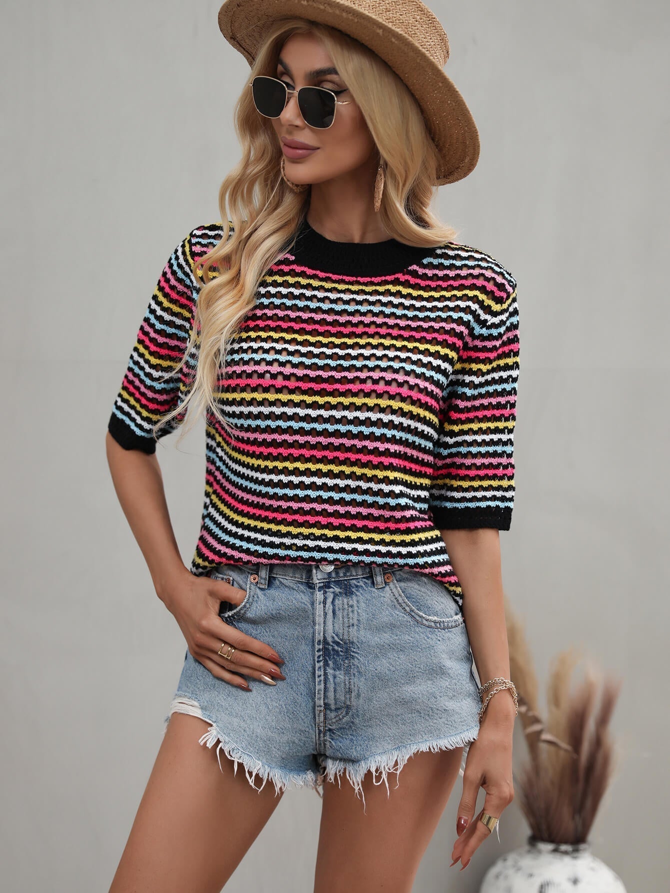 SAYLOR STRIPPED HALF SLEEVE KNIT TOP