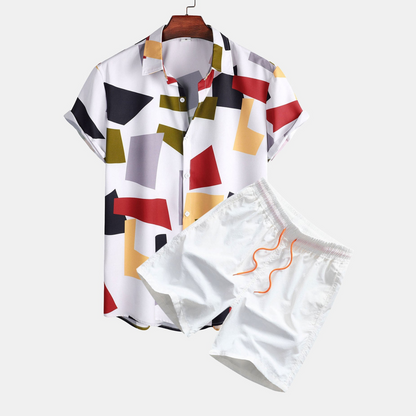 Buttoned Shirt and Swim Shorts with Geometric Color Block Print