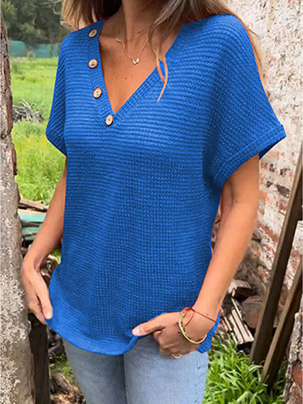 Women's Waffle Short Sleeve Button Up V-Neck T-Shirt 64097564YM