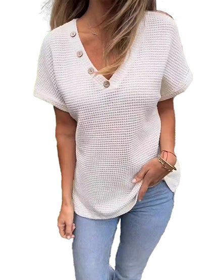 Women's Waffle Short Sleeve Button Up V-Neck T-Shirt 64097564YM