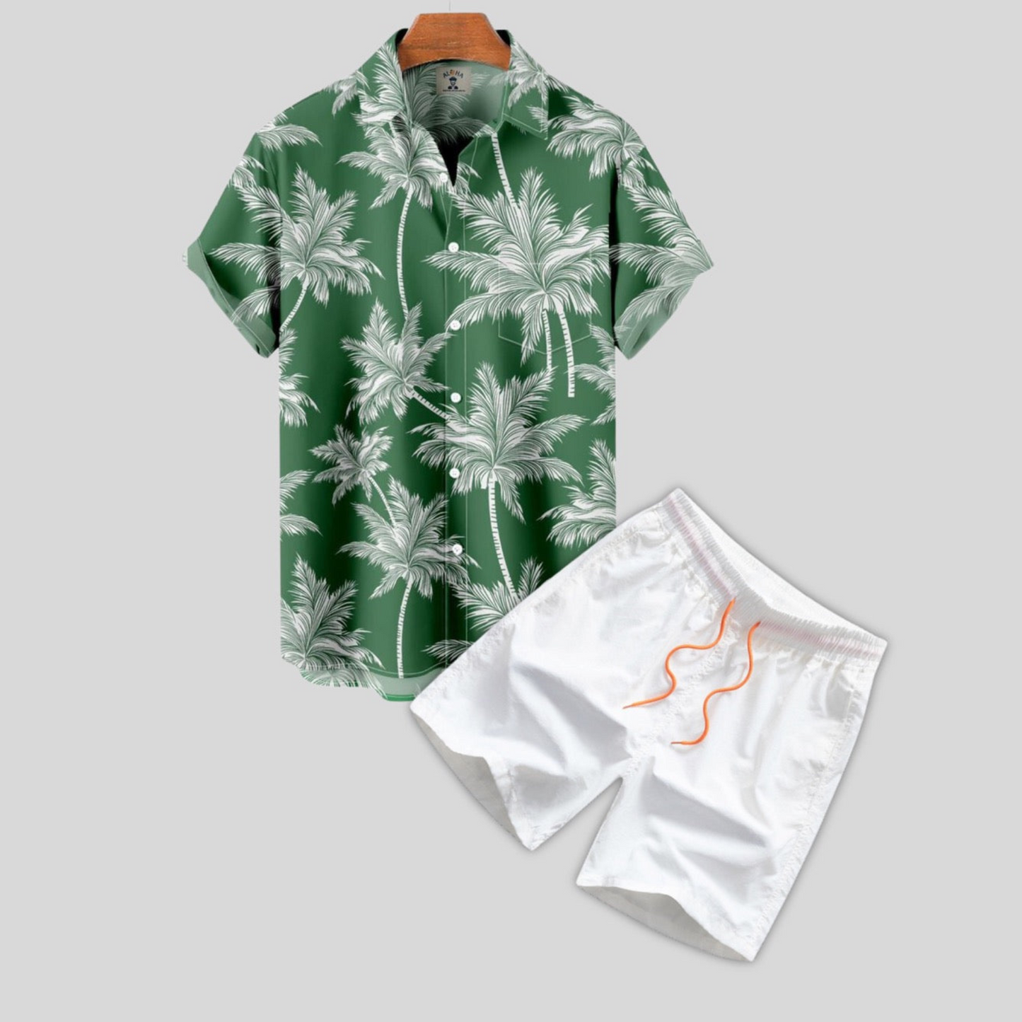 Shirt with Button Placket and Swim Shorts with Palm Print