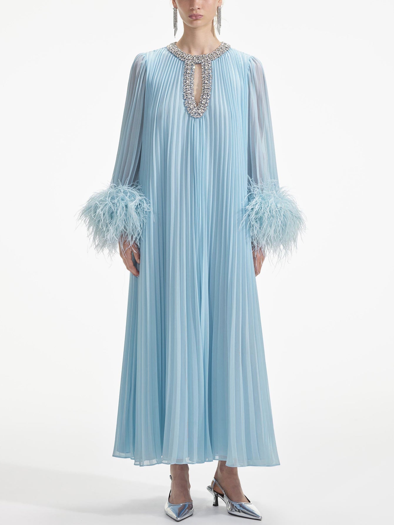 Feathered Cuff Embellished Pleated Gown