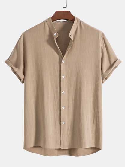 Linen-Viscose Blend Shirt with Mandarin Collar and Straight-Leg Linen Trousers