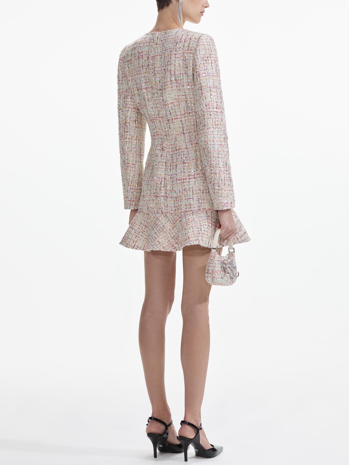 Long-Sleeved Sequined Tweed Mini Dress