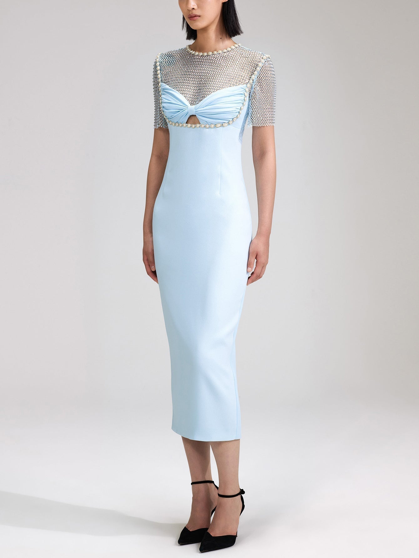 Pearl-Embellished Mesh-Overlay Sheath Dress