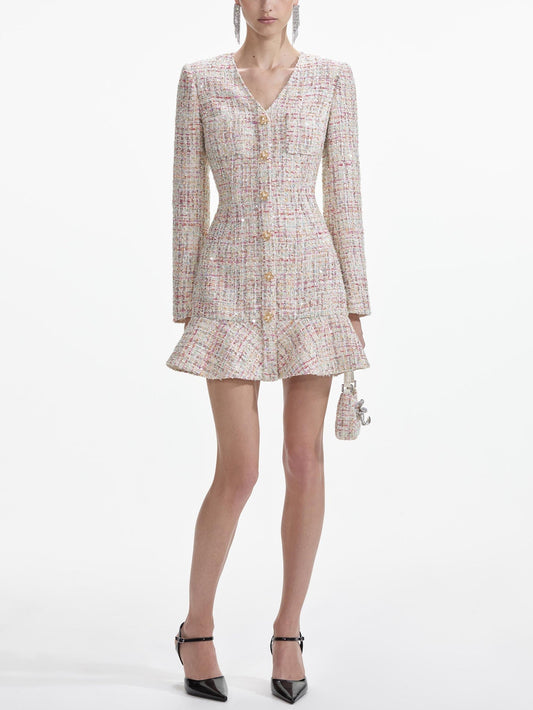 Long-Sleeved Sequined Tweed Mini Dress