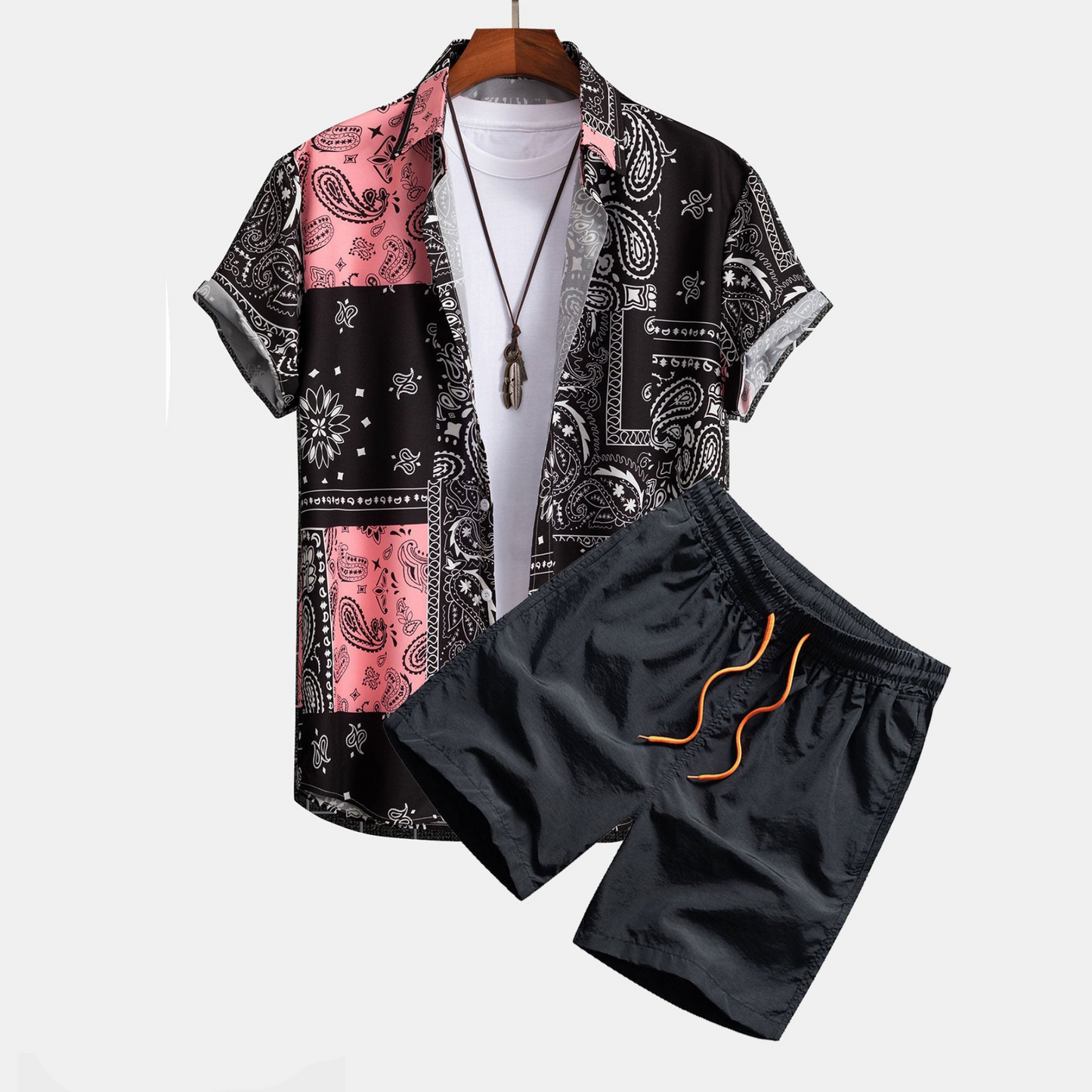 Shirt with Paisley Print and Buttons, Random Pattern Design, and Swim Shorts