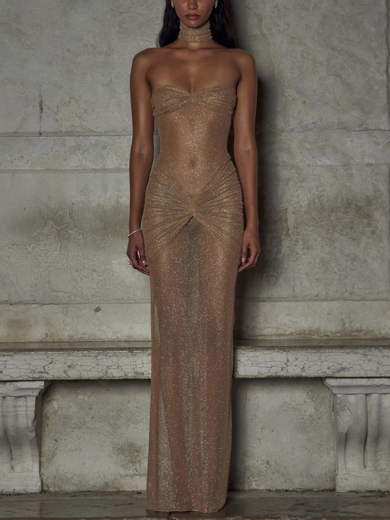 Glitter Mesh Gown with Ruched Bodice