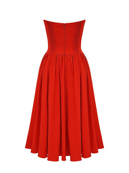 Strapless Pleated Flare Midi Dress