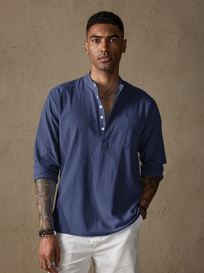 Linen V-neck Beach Long-sleeved Shirt