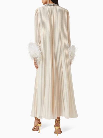 Feathered Cuff Embellished Pleated Gown