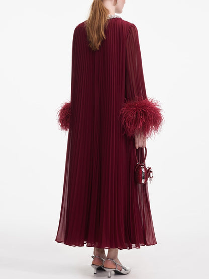 Feathered Cuff Embellished Pleated Gown