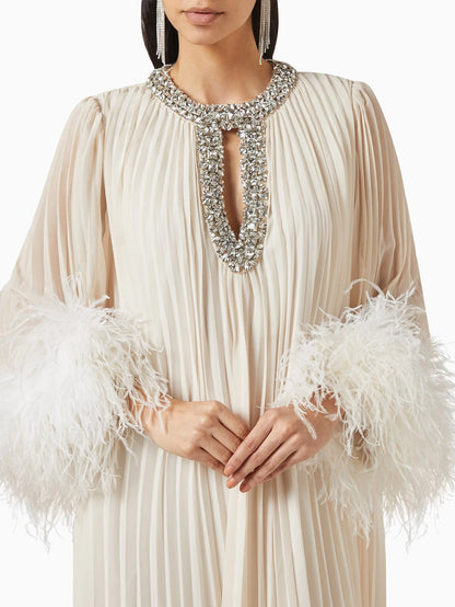 Feathered Cuff Embellished Pleated Gown