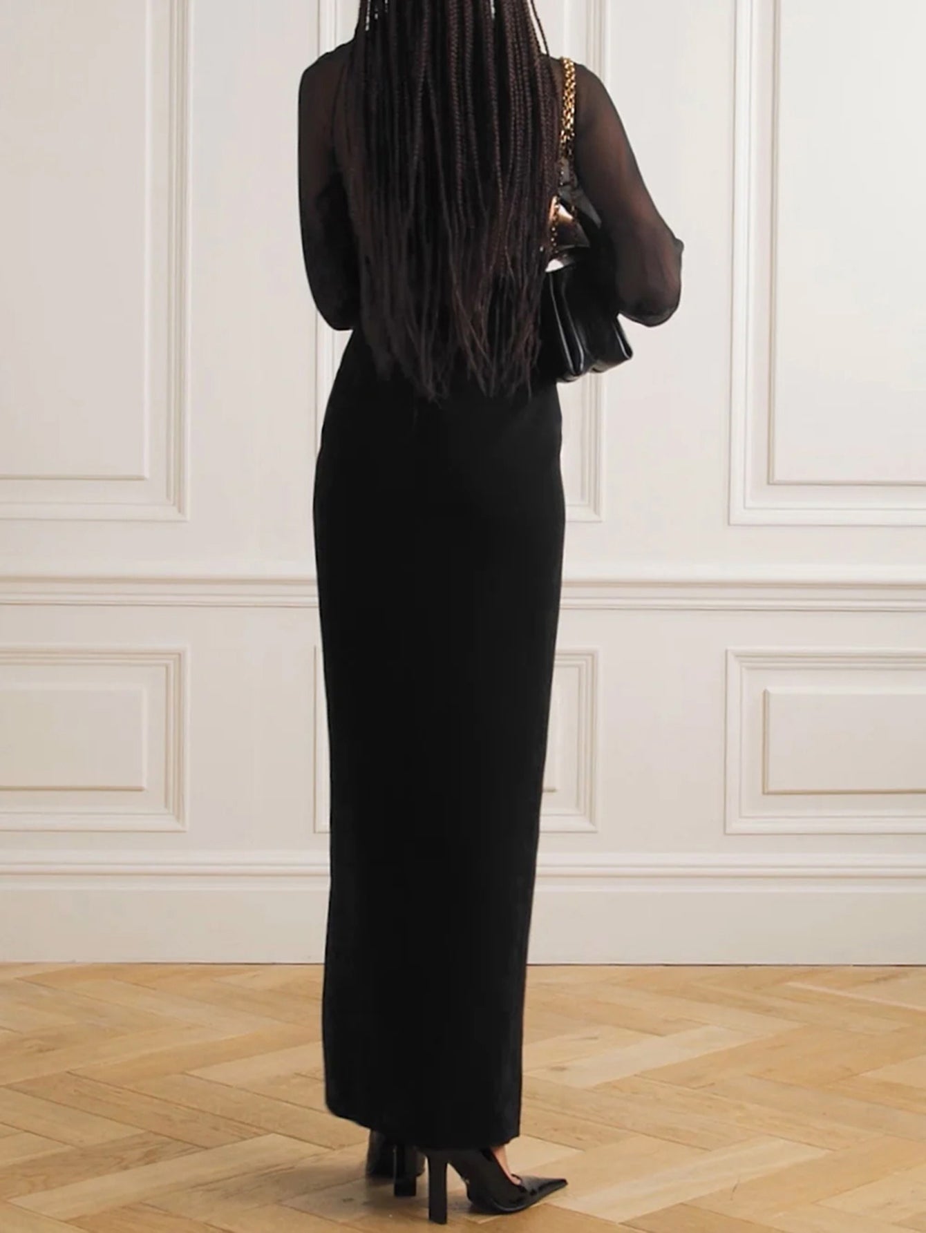 Black Long Dress with Sheer Sleeves & Gold Buttons - Elegant & Chic