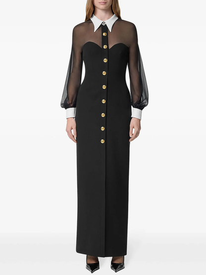 Black Long Dress with Sheer Sleeves & Gold Buttons - Elegant & Chic