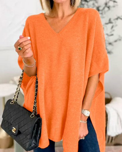 ERICA - V Neck Loose Fit Solid Poncho Sweater