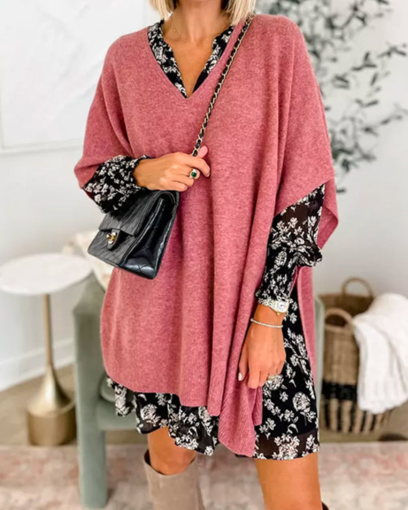 ERICA - V Neck Loose Fit Solid Poncho Sweater