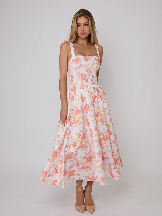 Floral Print Maxi Dress with Square Neckline