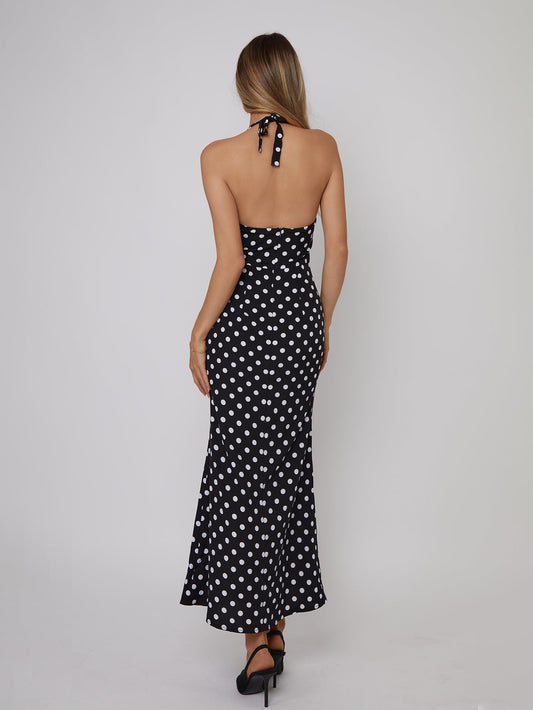 Polka Dot Halter Maxi Dress with Corset Detailing