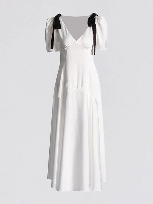 Elegant Solid V Neck Maxi Dress With Ribbon Bow