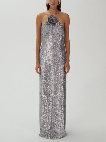 Sparkling Silver Sequin Halter Gown