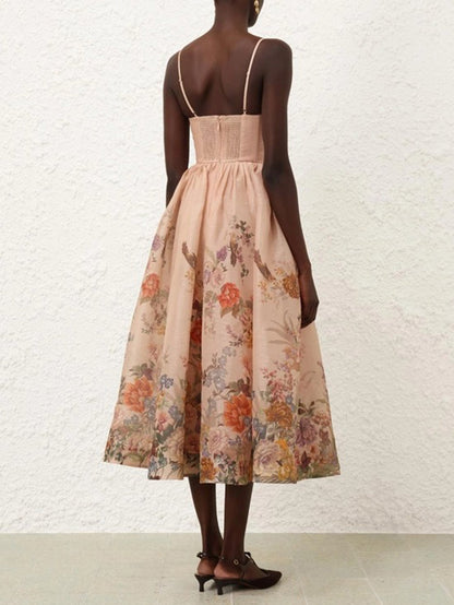 Elegant Floral Sleeveless Print Midi Dress