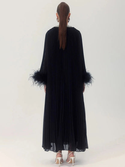 Feathered Cuff Embellished Pleated Gown