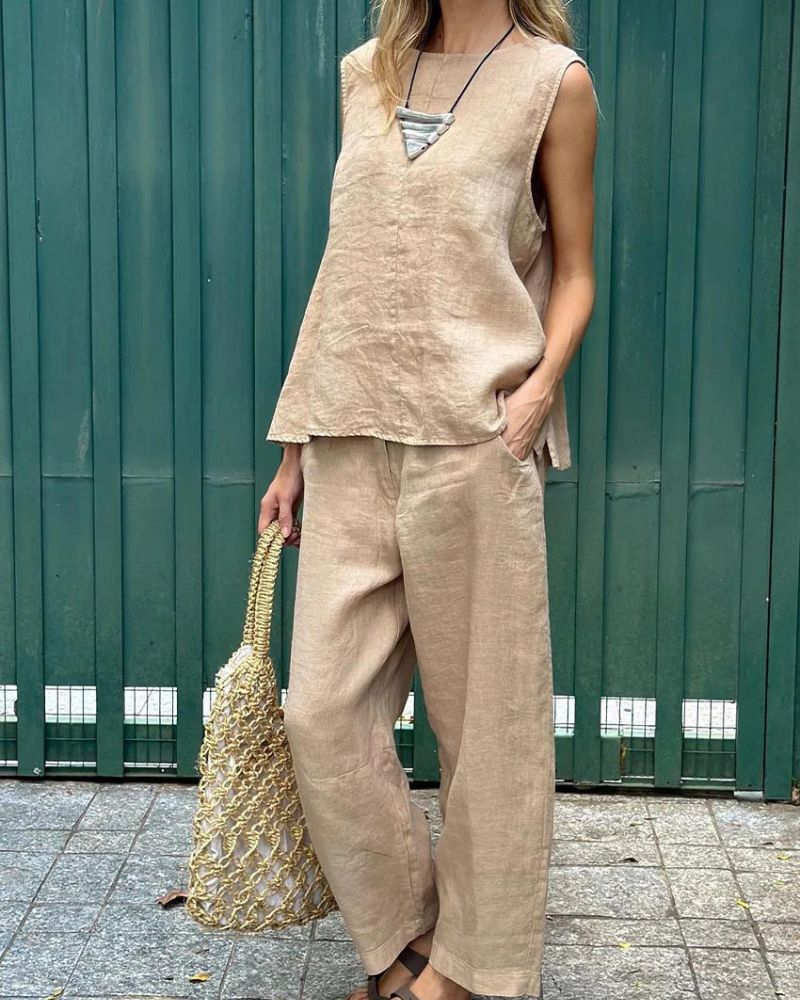 LAUIA - Sleeveless Vest & Pants Cotton Linen Set