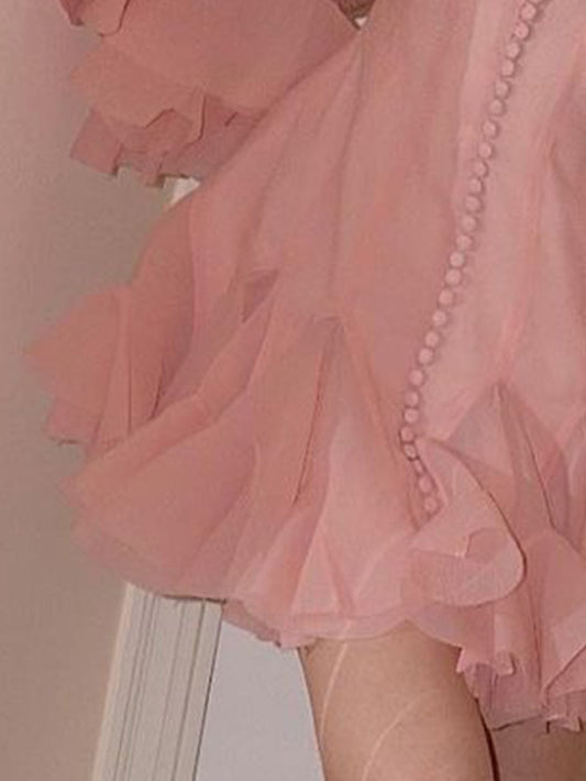 Chic Pink Ruffle Mini Dress with Long Sleeves - Perfect for Cocktail Parties