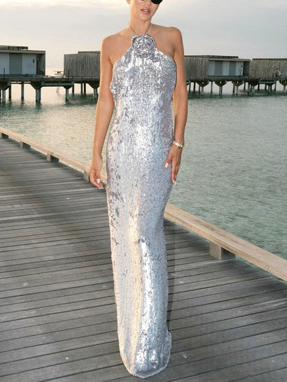 Sparkling Silver Sequin Halter Gown