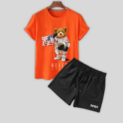 T-Shirt with Bear Print and NASA Shorts