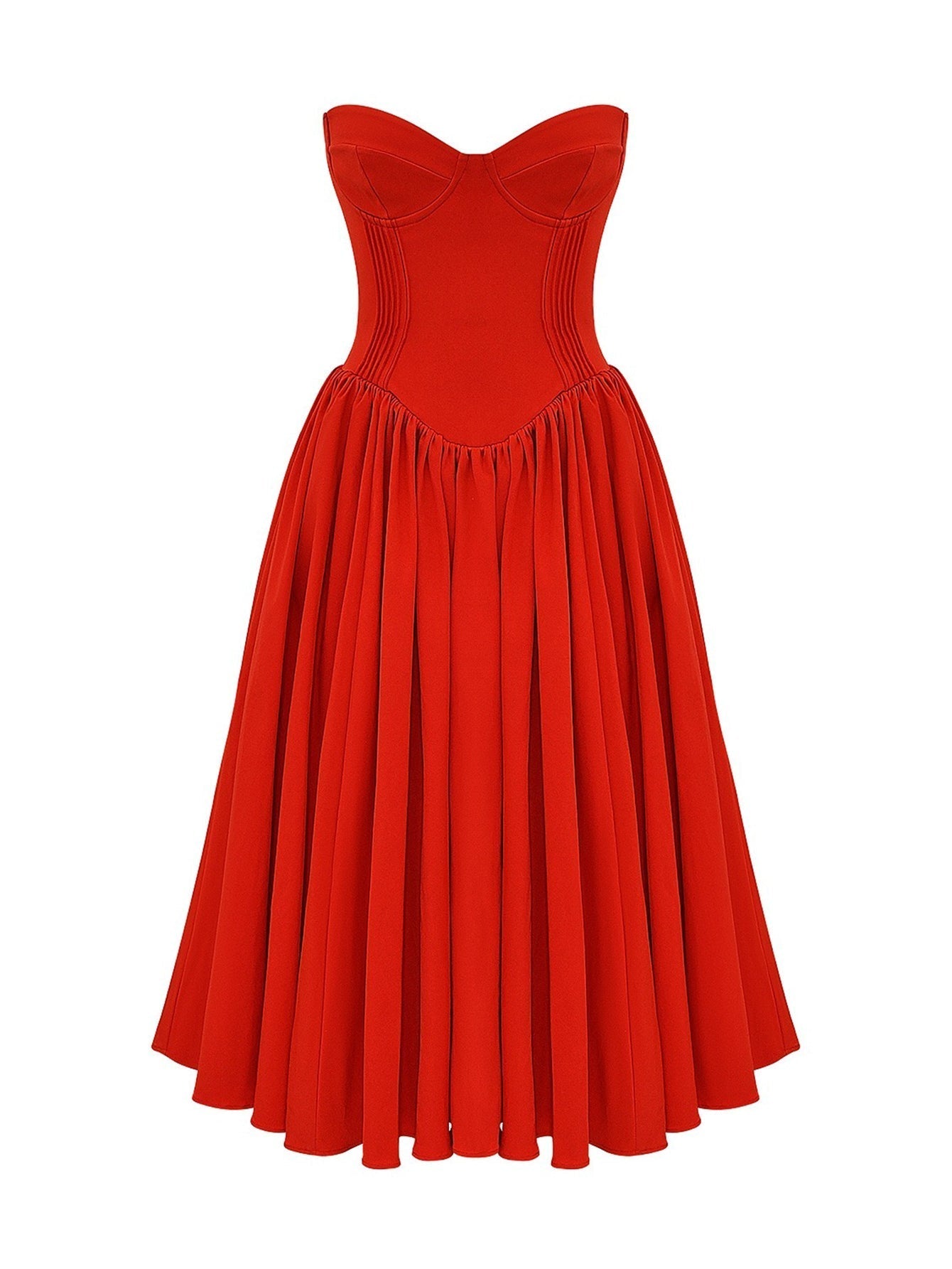 Strapless Pleated Flare Midi Dress