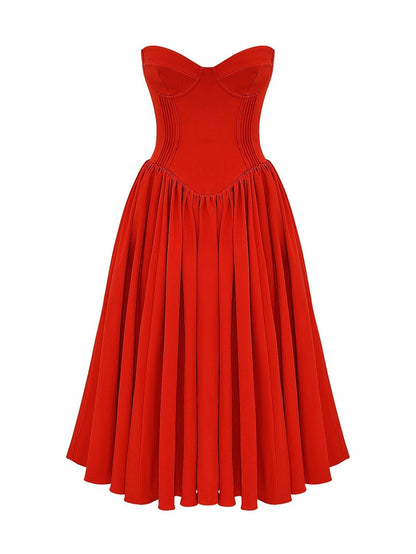 Strapless Pleated Flare Midi Dress