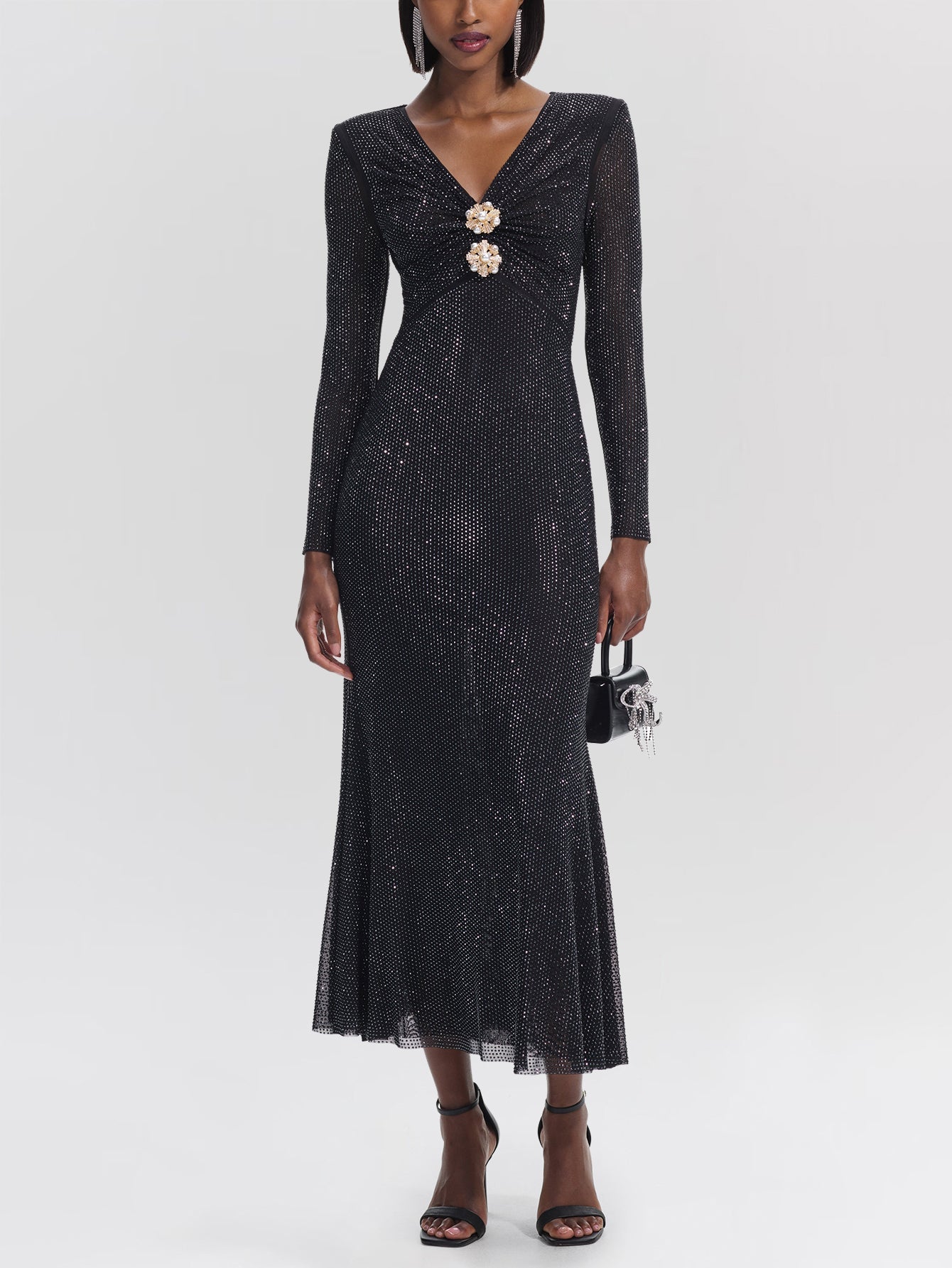 Sparkling V-Neck Gown with Brooch Detail