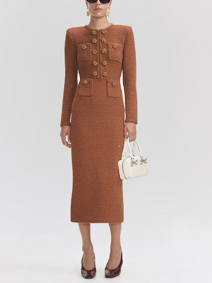 Dark Brown Tweed Dress with Gold Button Detailing