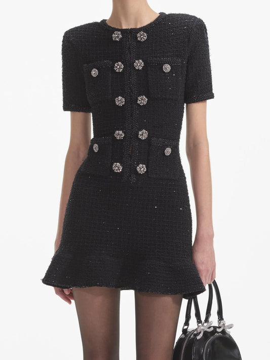 Tweed Mini Dress with Crystal Buttons