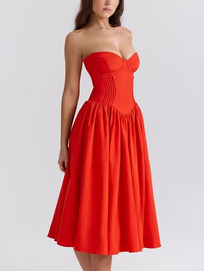 Strapless Pleated Flare Midi Dress