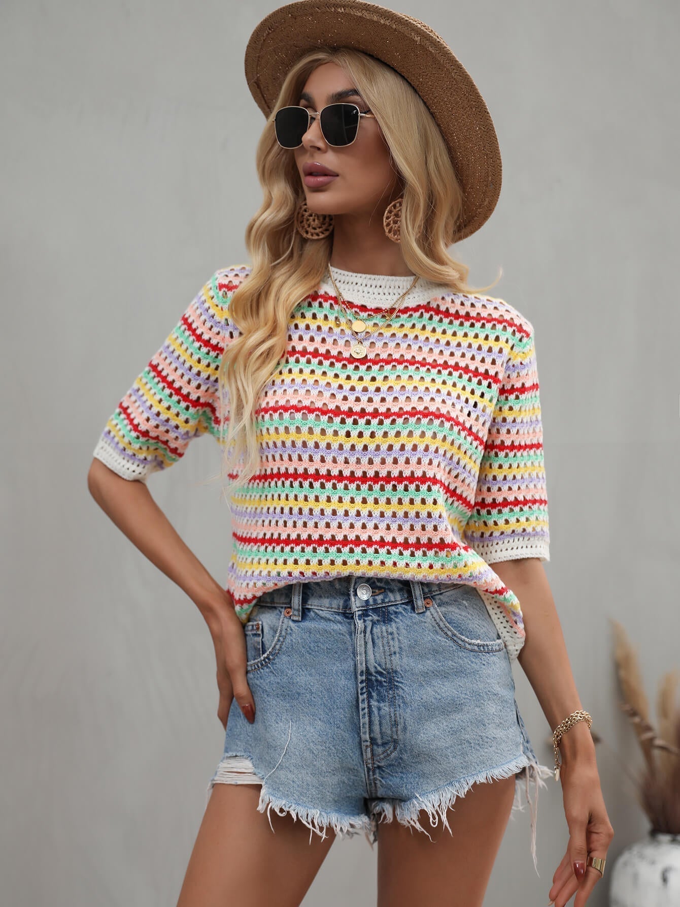 SAYLOR STRIPPED HALF SLEEVE KNIT TOP