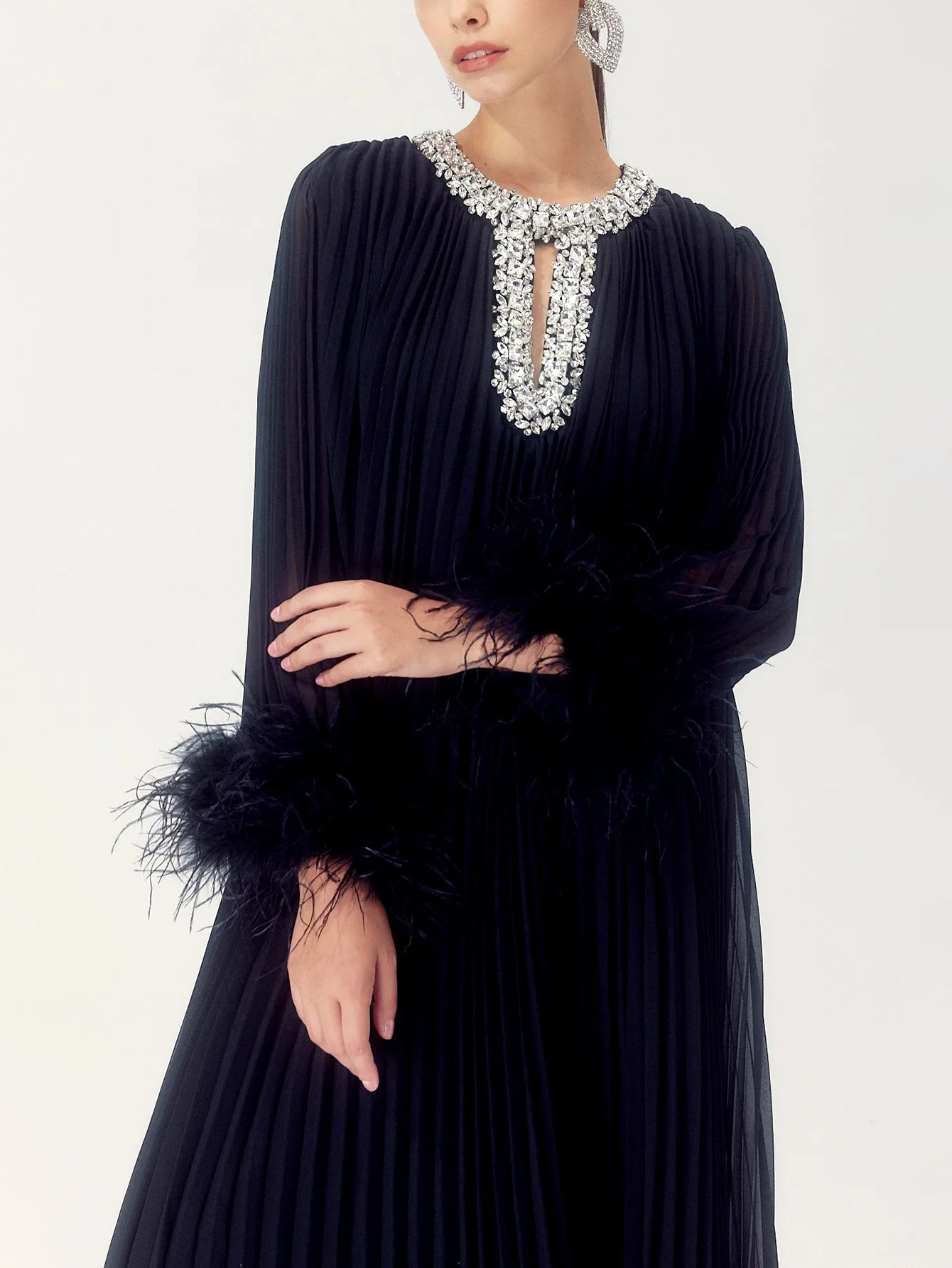 Feathered Cuff Embellished Pleated Gown