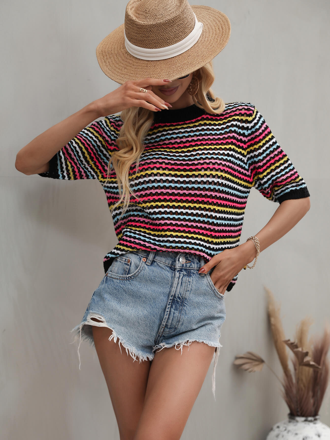 SAYLOR STRIPPED HALF SLEEVE KNIT TOP