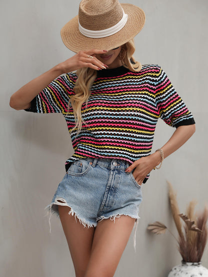 SAYLOR STRIPPED HALF SLEEVE KNIT TOP