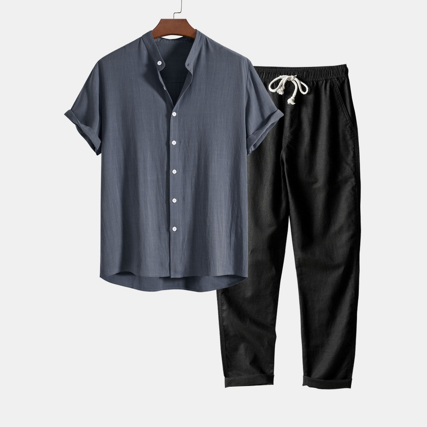 Linen-Viscose Blend Shirt with Mandarin Collar and Straight-Leg Linen Trousers