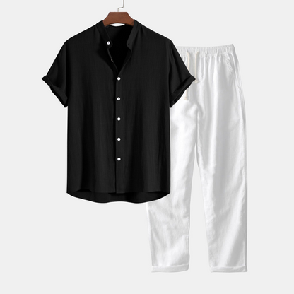 Linen-Viscose Blend Shirt with Mandarin Collar and Straight-Leg Linen Trousers